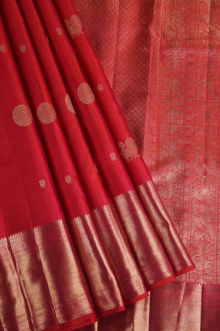 Rose  Red Kanchipuram Silk Sarees with Gold Zari Peacock Motifs view 1