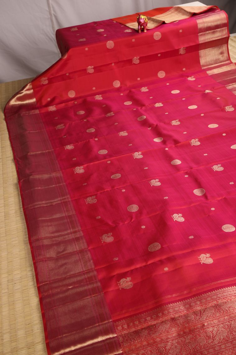 Rose  Red Kanchipuram Silk Sarees with Gold Zari Peacock Motifs view 2