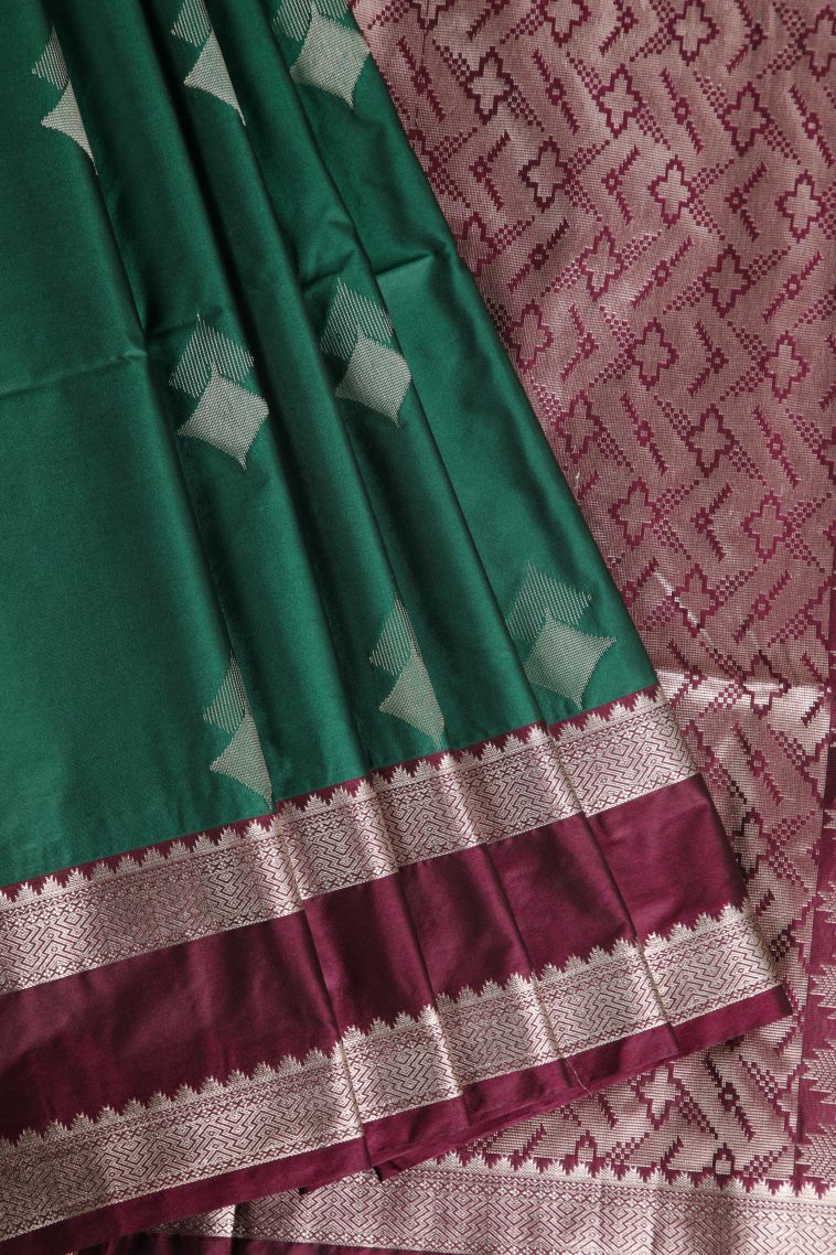Bottle Green Soft Silk Saree with Silver Zari Geometric Shapes view 1