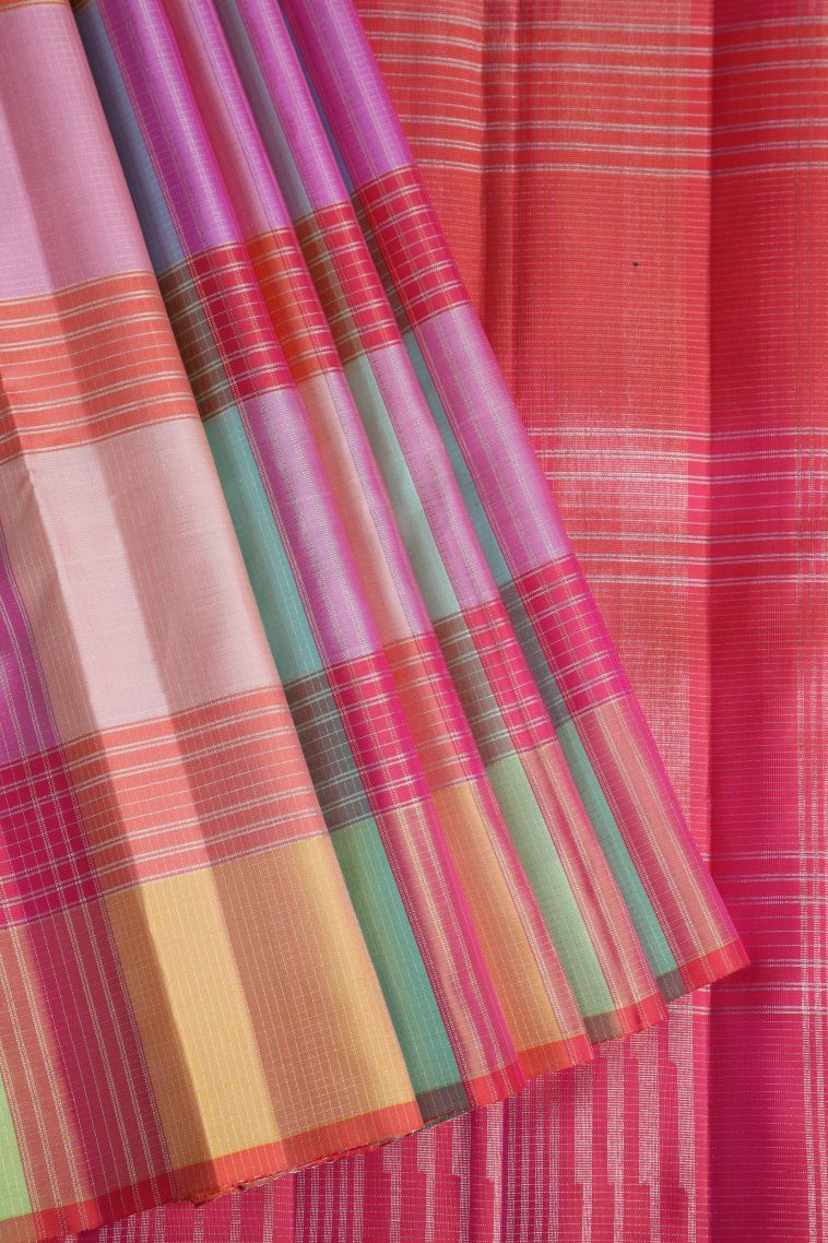 Punch Pink Kanchipuram Silk Sarees with Gold Zari Vaira Oosi view 1