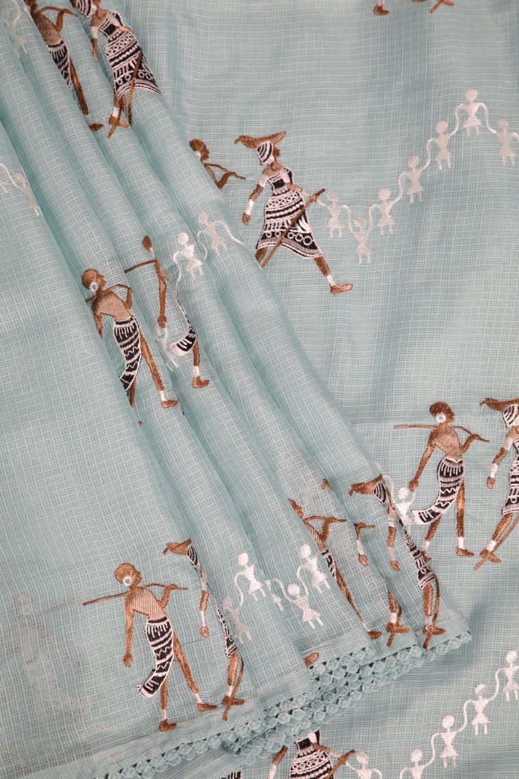 Sky Blue Organza Saree with Without Zari Zari Tribal Or Folk Art view 1