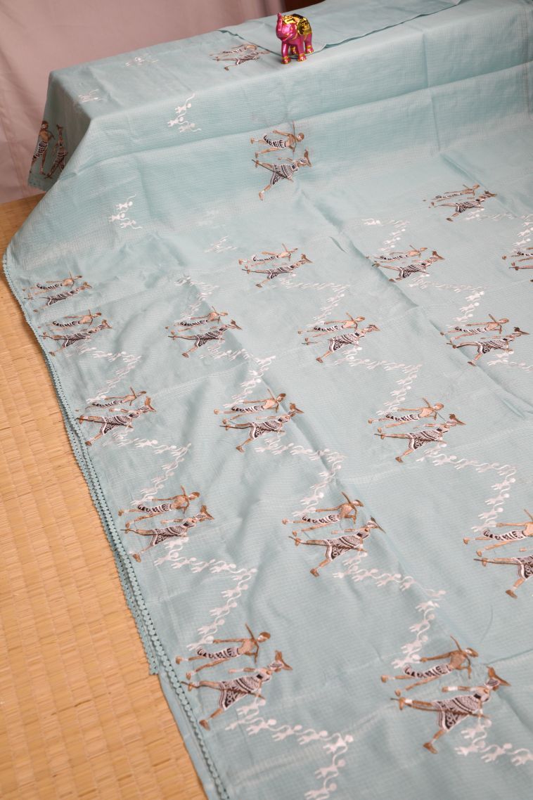 Sky Blue Organza Saree with Without Zari Zari Tribal Or Folk Art view 2