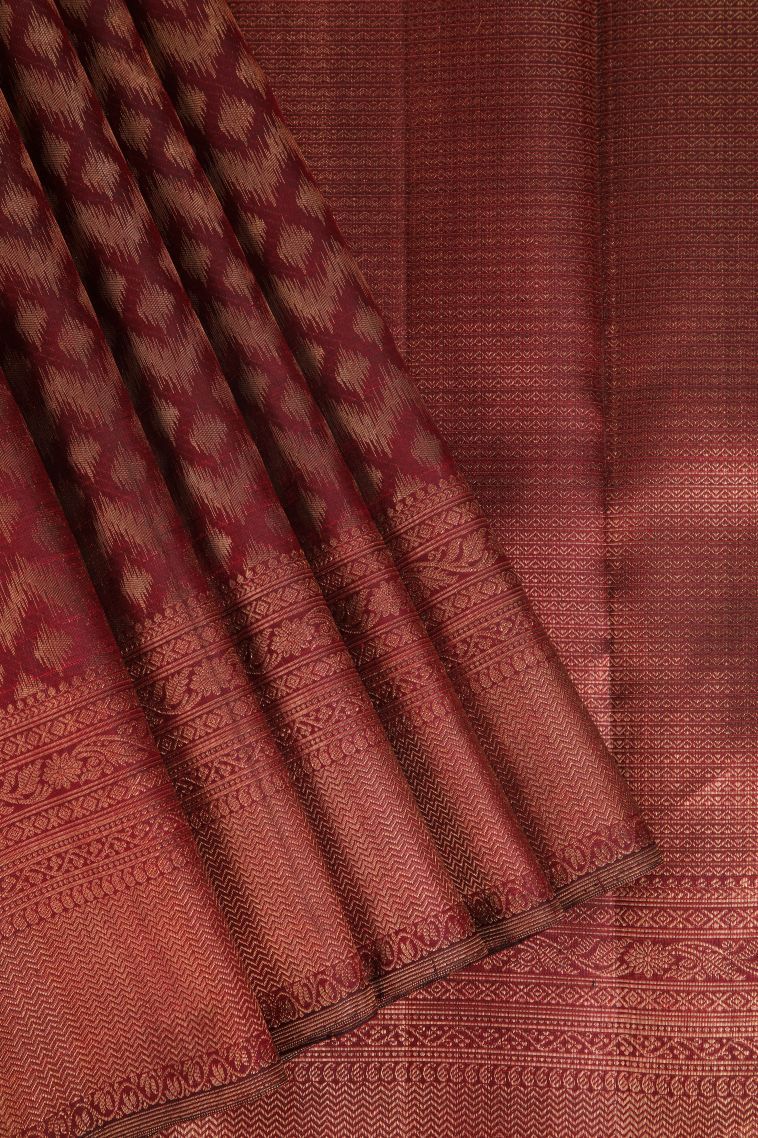 Bindi Red Kanchipuram Silk Sarees with Gold Zari Geometric Shapes view 1