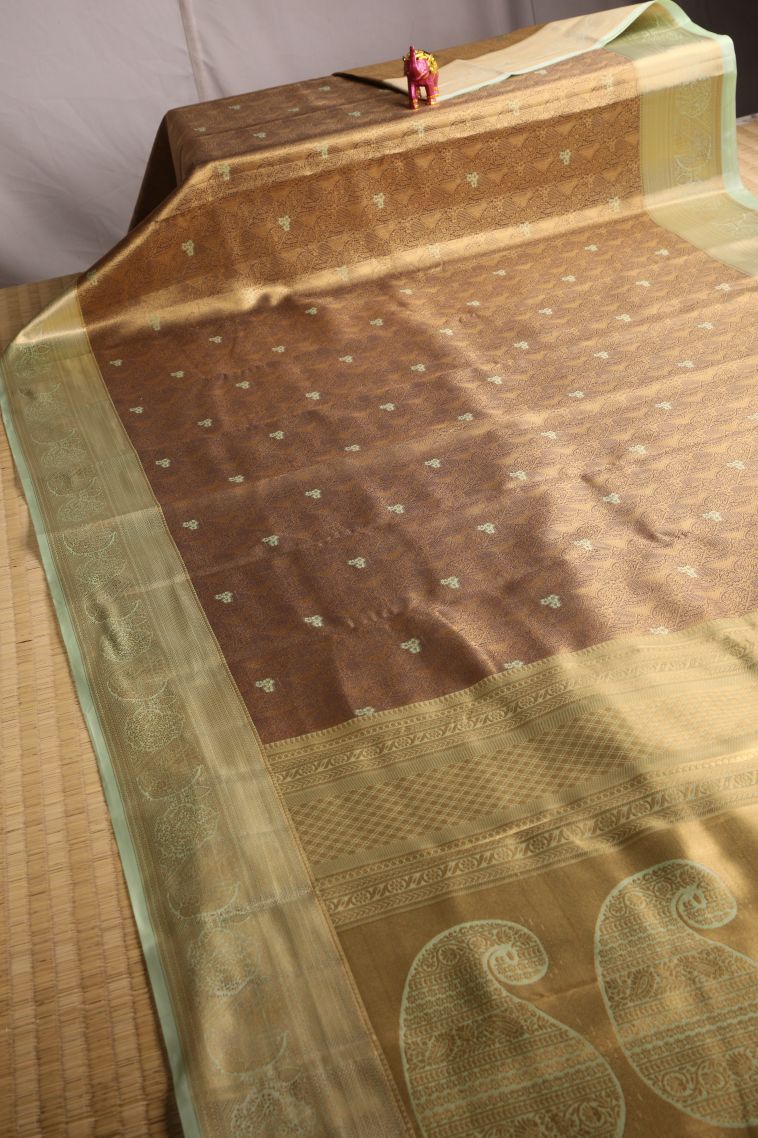 Peanut Brown Tissue Silk Sarees with Gold Zari Floral Patterns view 2