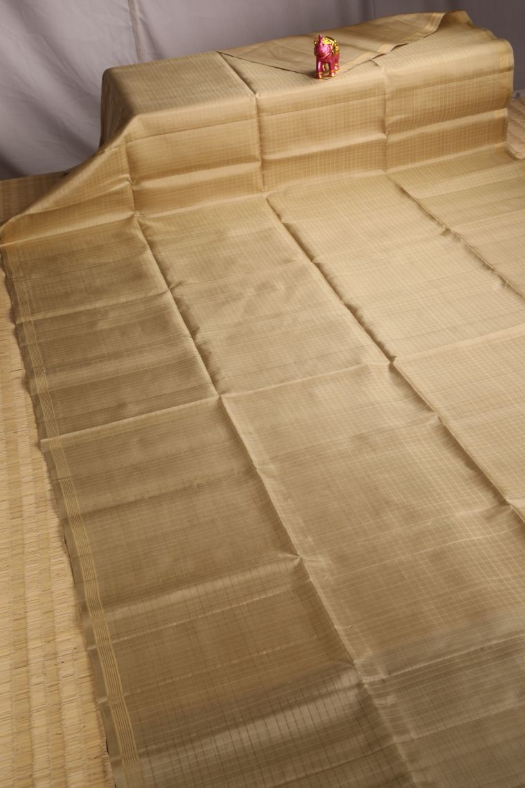 Beige Yellow Soft Silk Saree with Gold Zari Checks view 2