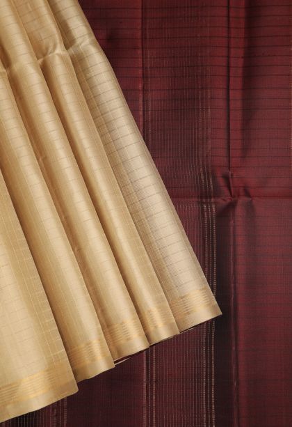 Beige Yellow Soft Silk Saree with Gold Zari Checks