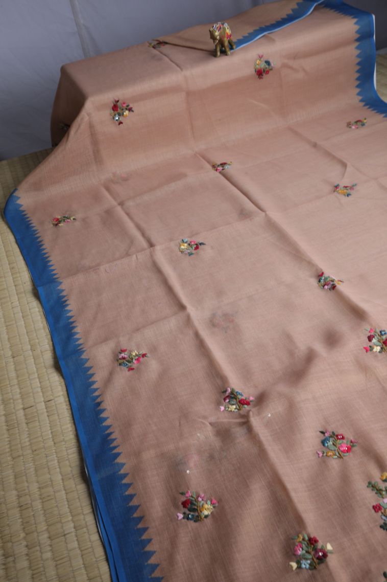 Salmon Pink Linen Saree with Without Zari Zari Floral Patterns view 2