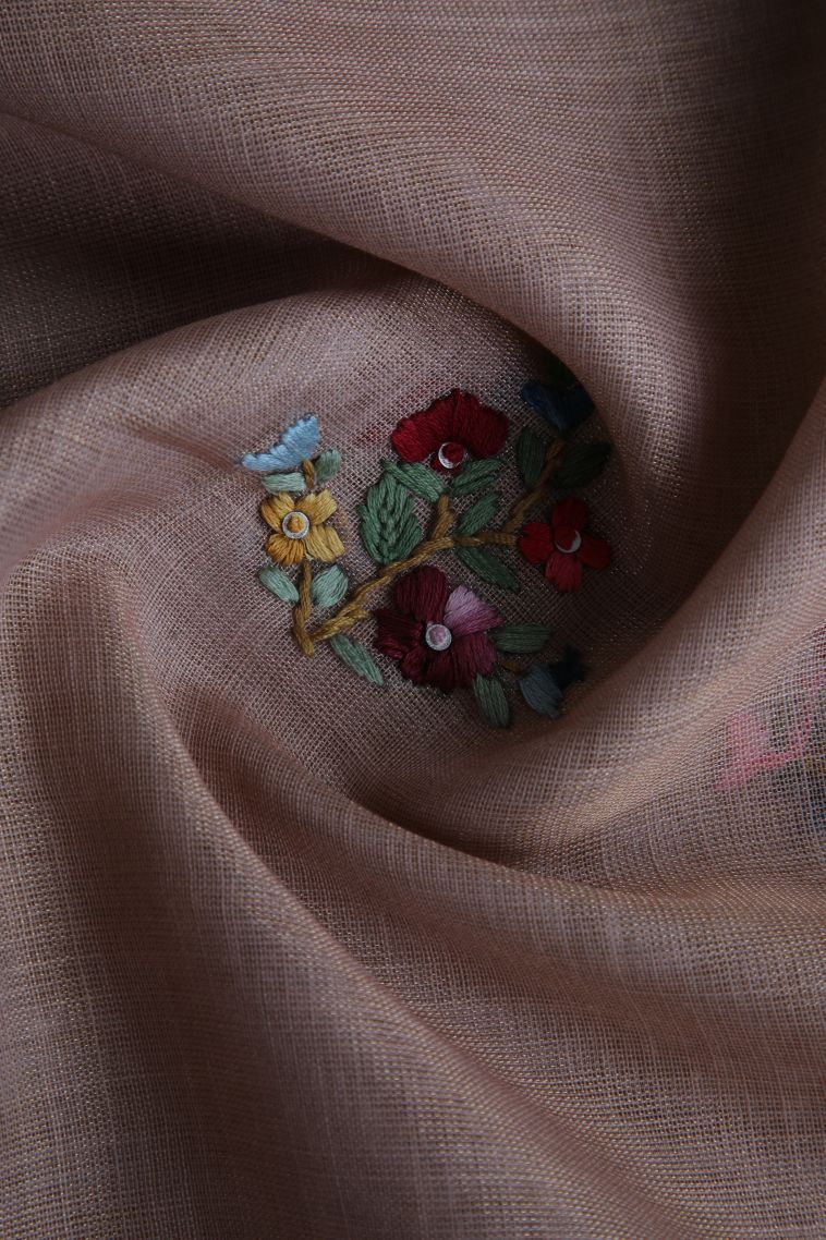 Salmon Pink Linen Saree with Without Zari Zari Floral Patterns view 4