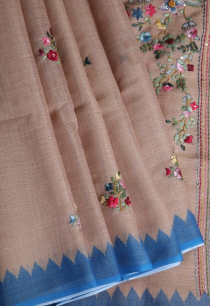 Salmon Pink Linen Saree with Without Zari Zari Floral Patterns