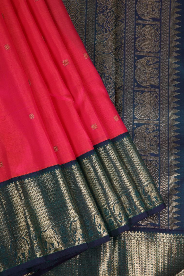 Rose  Red Kanchipuram Silk Sarees with Gold Zari Peacock Motifs view 1