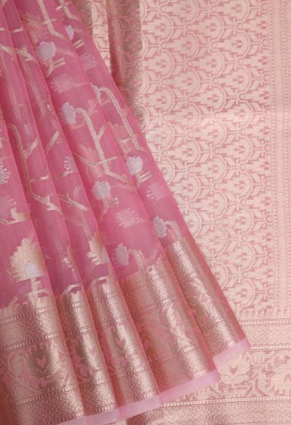 Ballet Pink Organza Saree with Copper Zari Floral Patterns