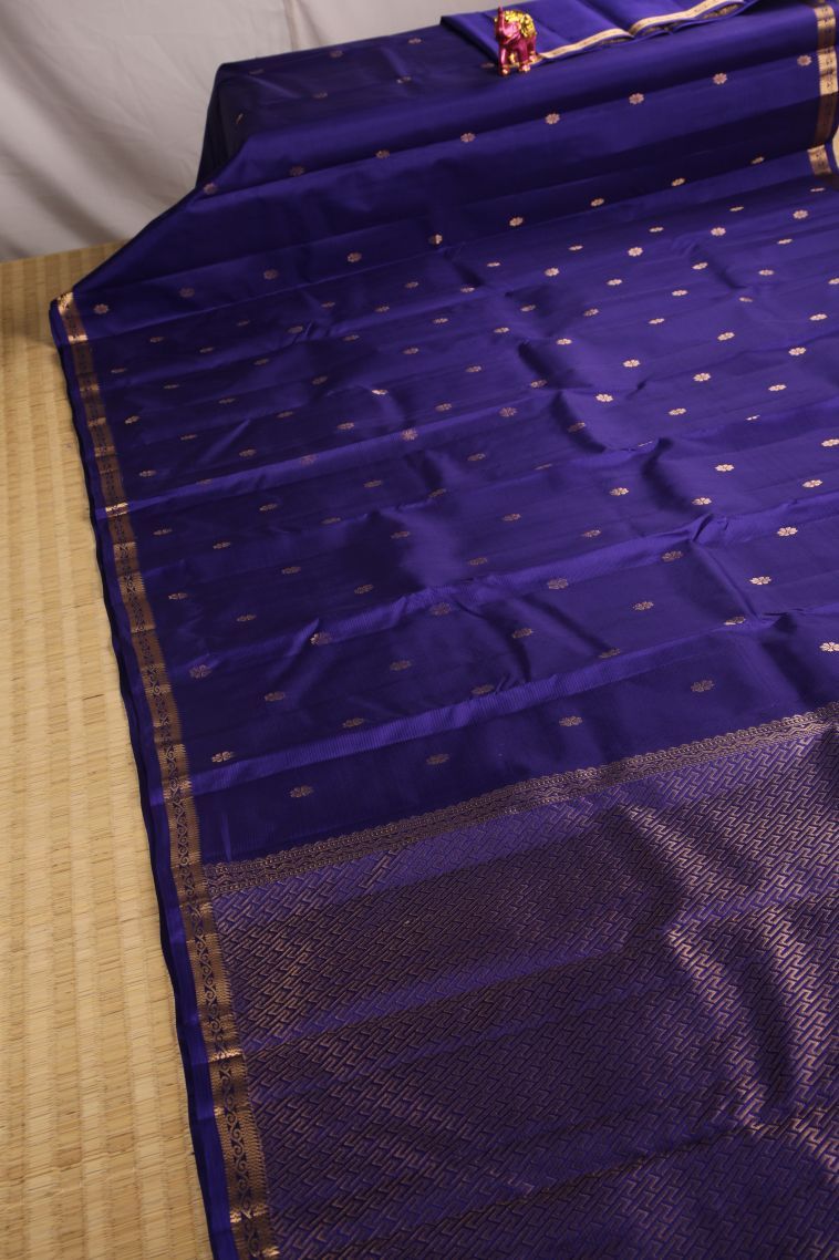 Azure Blue Soft Silk Saree with Gold Zari Floral Puttas view 2