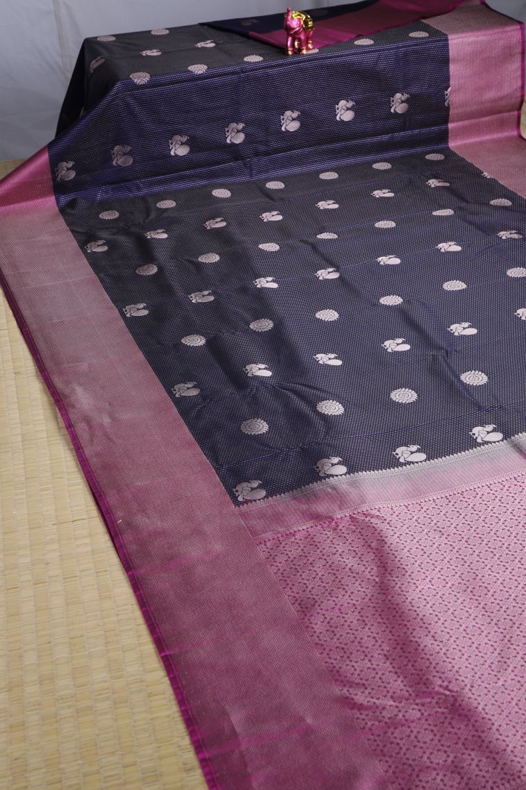 Navy Blue Soft Silk Sarees with Gold Zari Peacock Motifs view 2