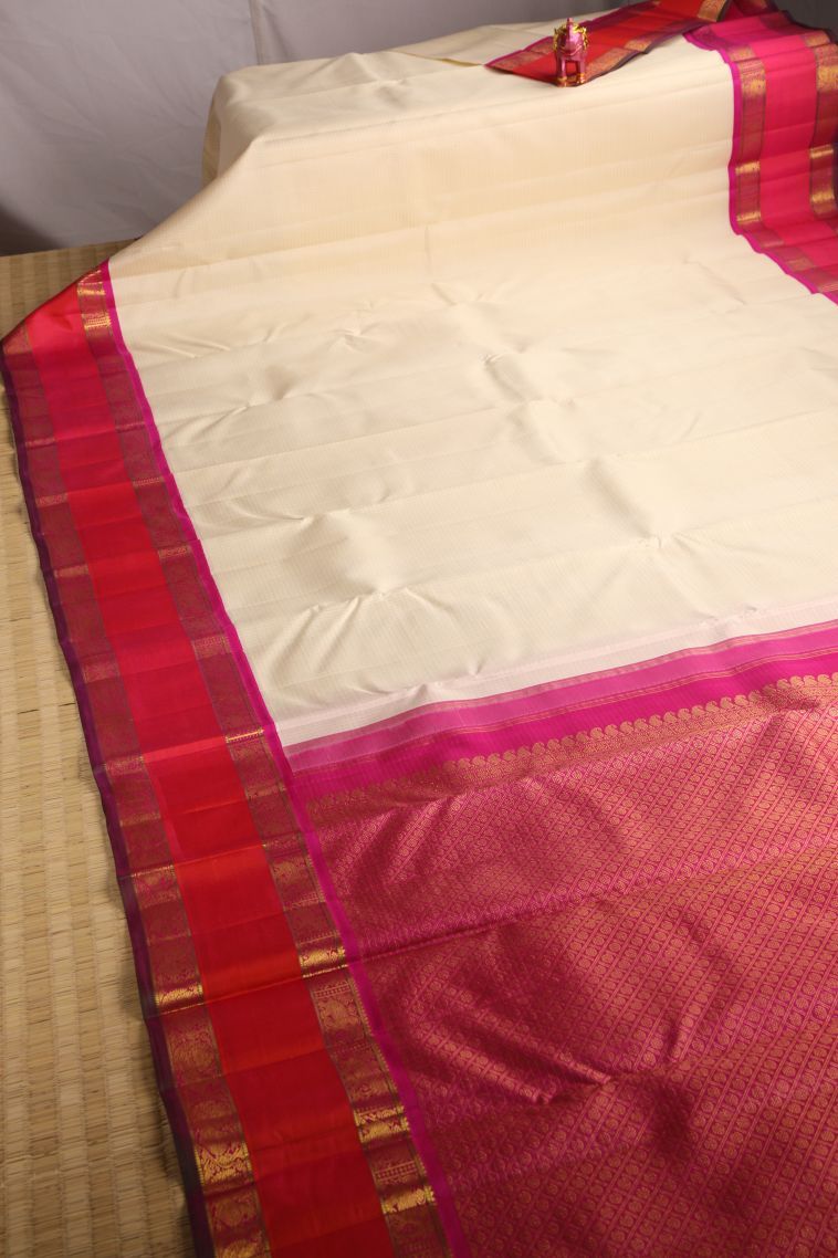 Cream White Kanchipuram Silk Sarees with Gold Zari Checks view 2
