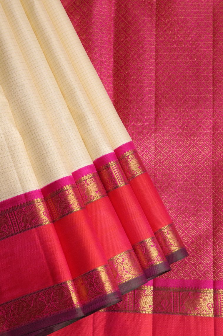 Cream White Kanchipuram Silk Sarees with Gold Zari Checks view 1