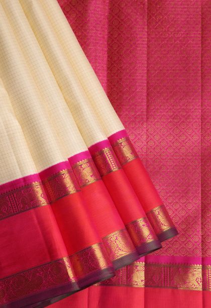 Cream White Kanchipuram Silk Sarees with Gold Zari Checks