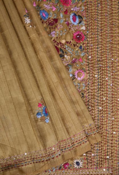 Tortilla Brown Jute Sarees with Without Zari Zari Floral Patterns