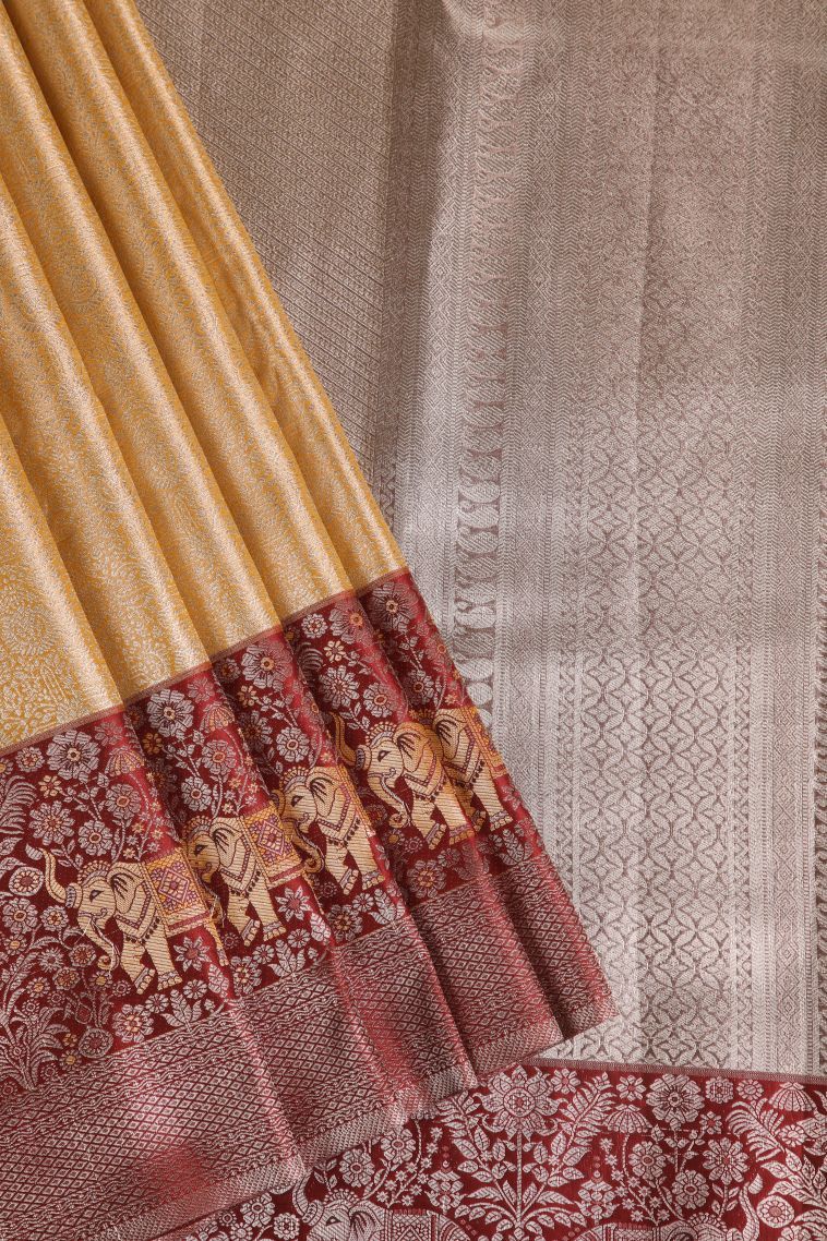 Shortbread Yellow Tissue Silk Sarees with Gold Zari Floral Patterns view 1