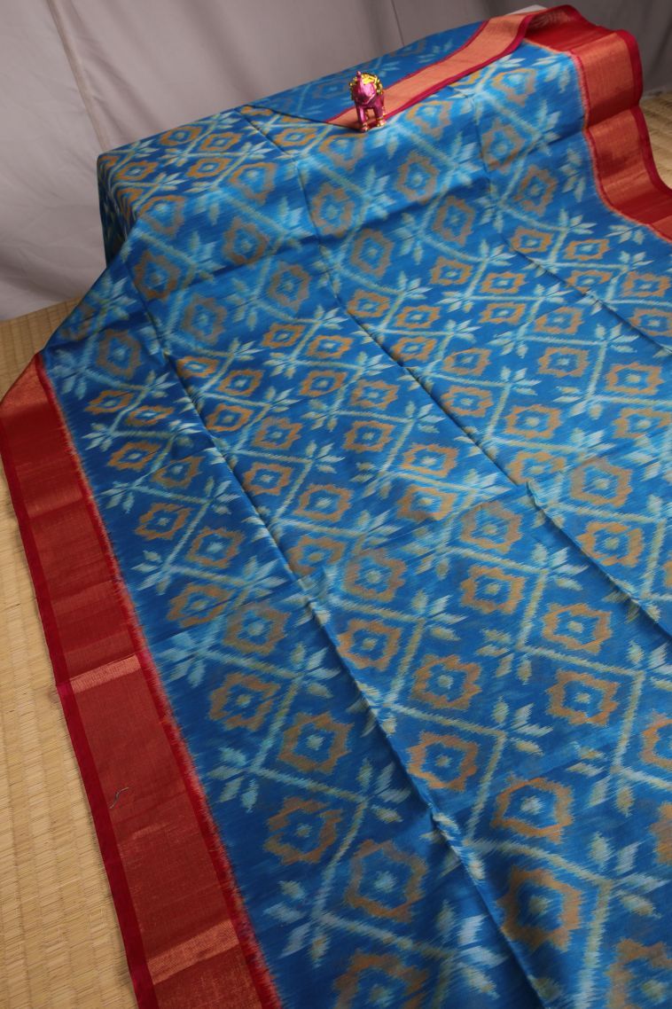 Cerulean Blue Pochampalli Saree with Gold Zari Ikkat view 2
