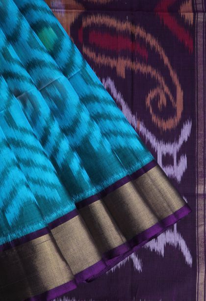 Cerulean Blue Pochampalli Saree with Gold Zari Geometric Shapes