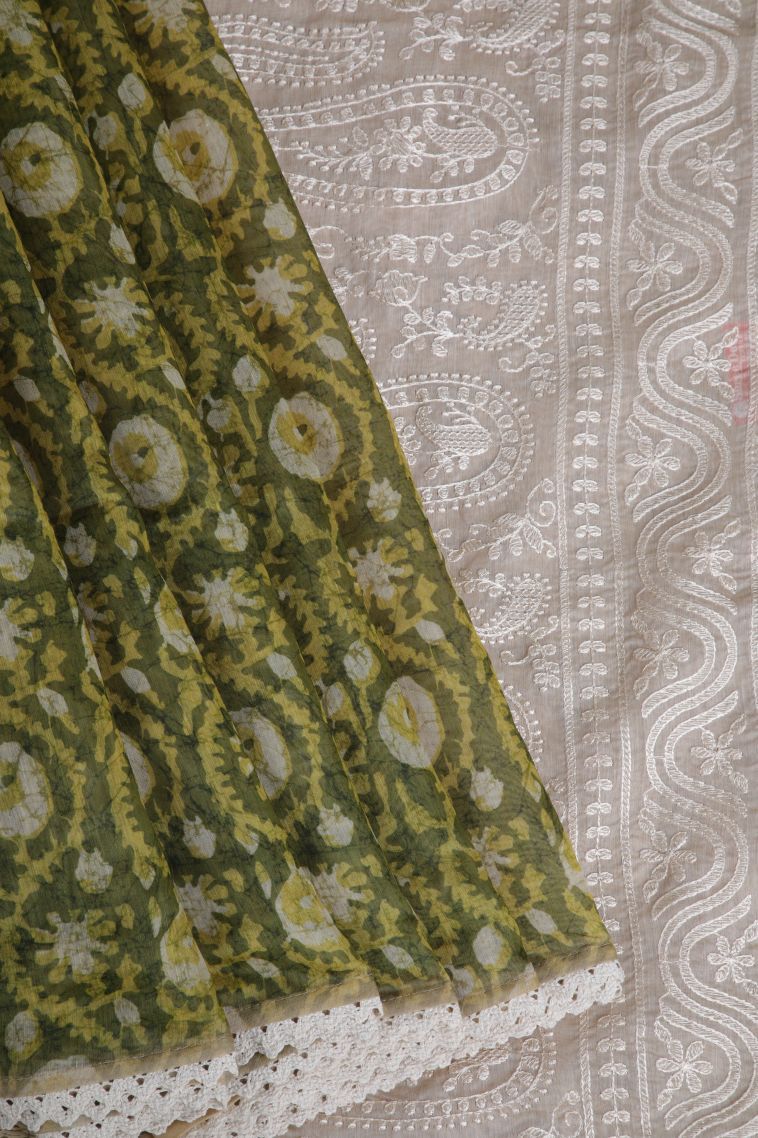 Pickle Green Fancy Saree with Without Zari Zari Floral Patterns view 1