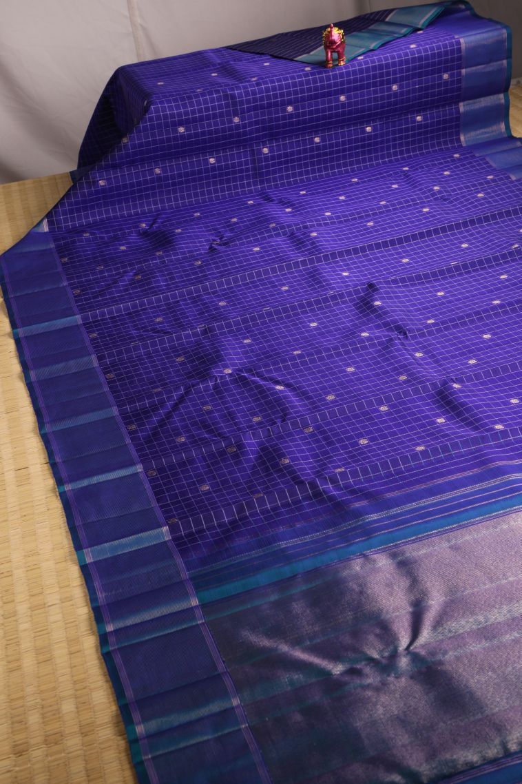Berry Blue Kanchipuram Silk Sarees with Gold Zari Checks And Puttas view 2