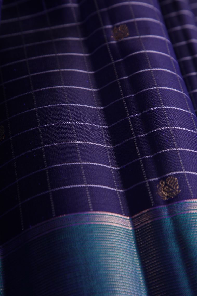 Berry Blue Kanchipuram Silk Sarees with Gold Zari Checks And Puttas view 4