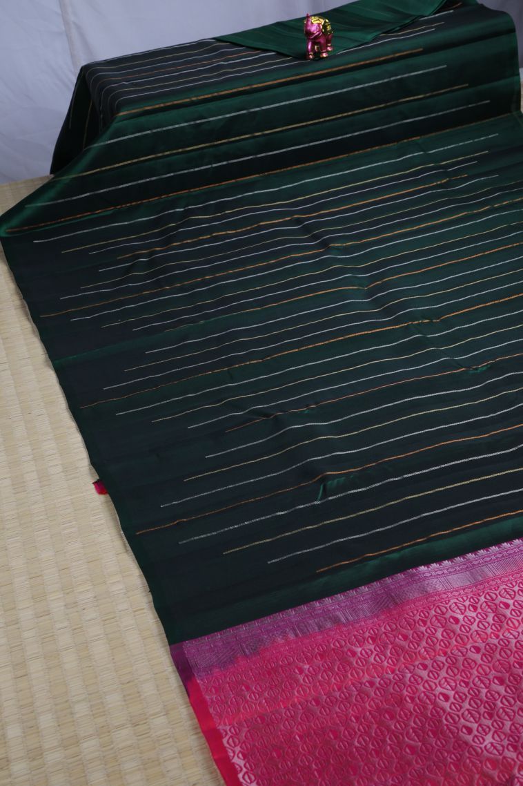 Bottle Green Soft Silk Saree with Gold Zari Stripes view 2
