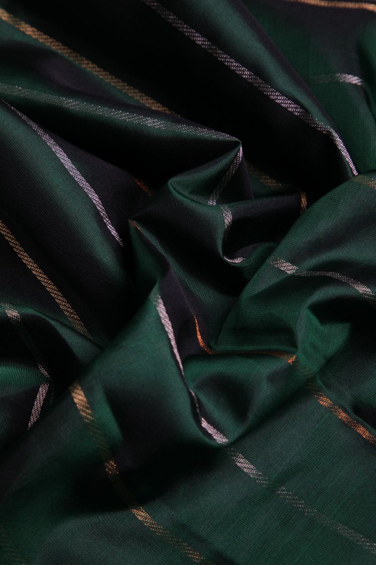 Bottle Green Soft Silk Saree with Gold Zari Stripes view 4