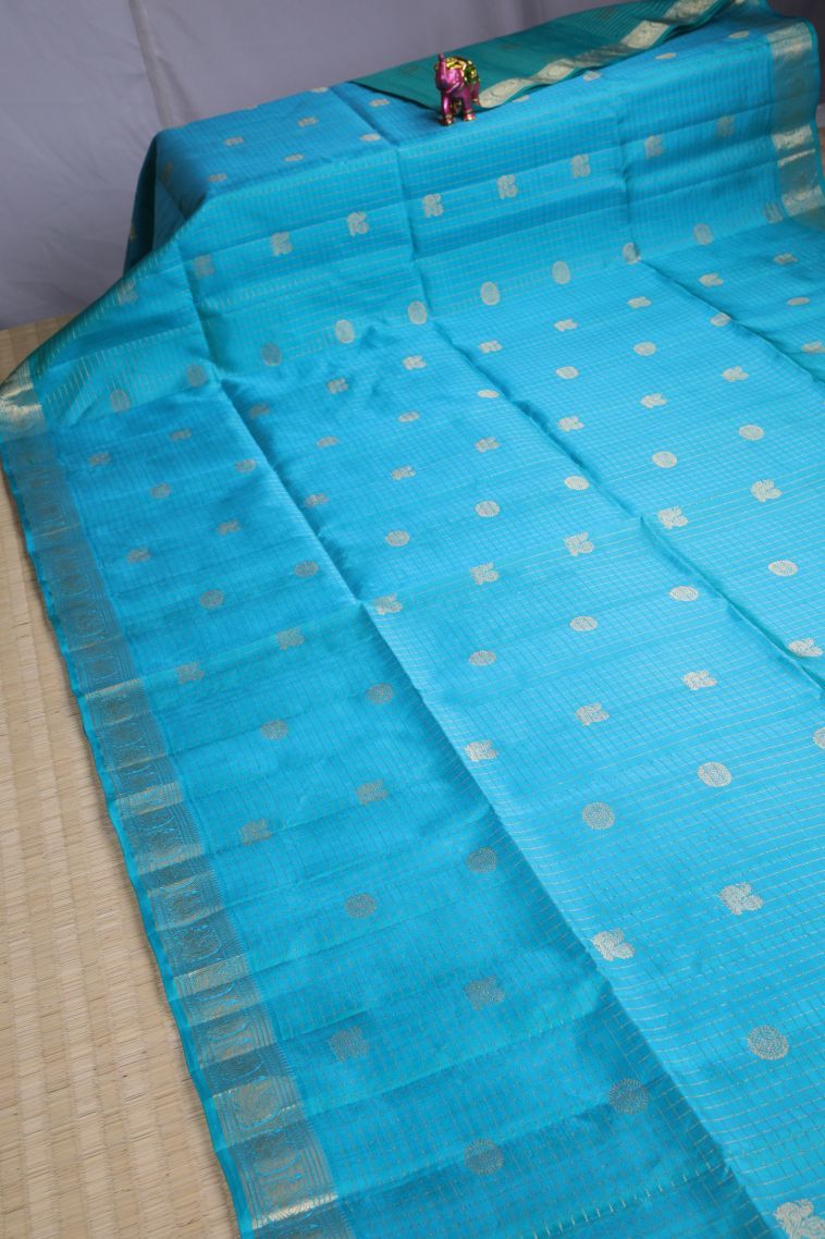 Sapphire Blue Soft Silk Saree with Gold Zari Peacock Motifs view 2