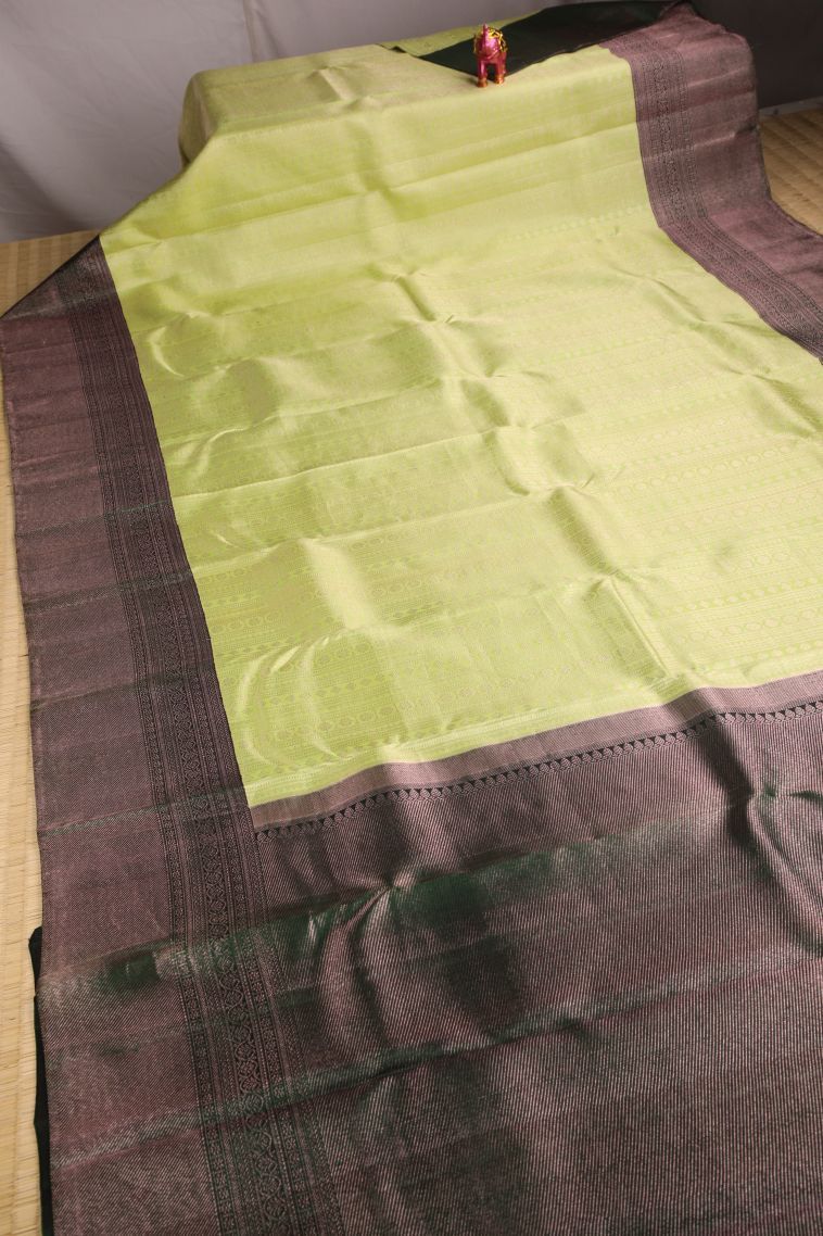 Lime Green Kanchipuram Silk Sarees with Gold Zari Floral Patterns view 2