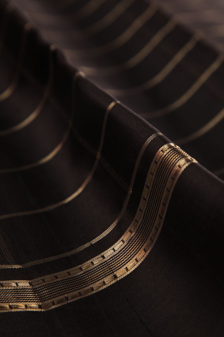 Asphalt Black Kanchipuram Silk Sarees with Gold Zari Checks view 4