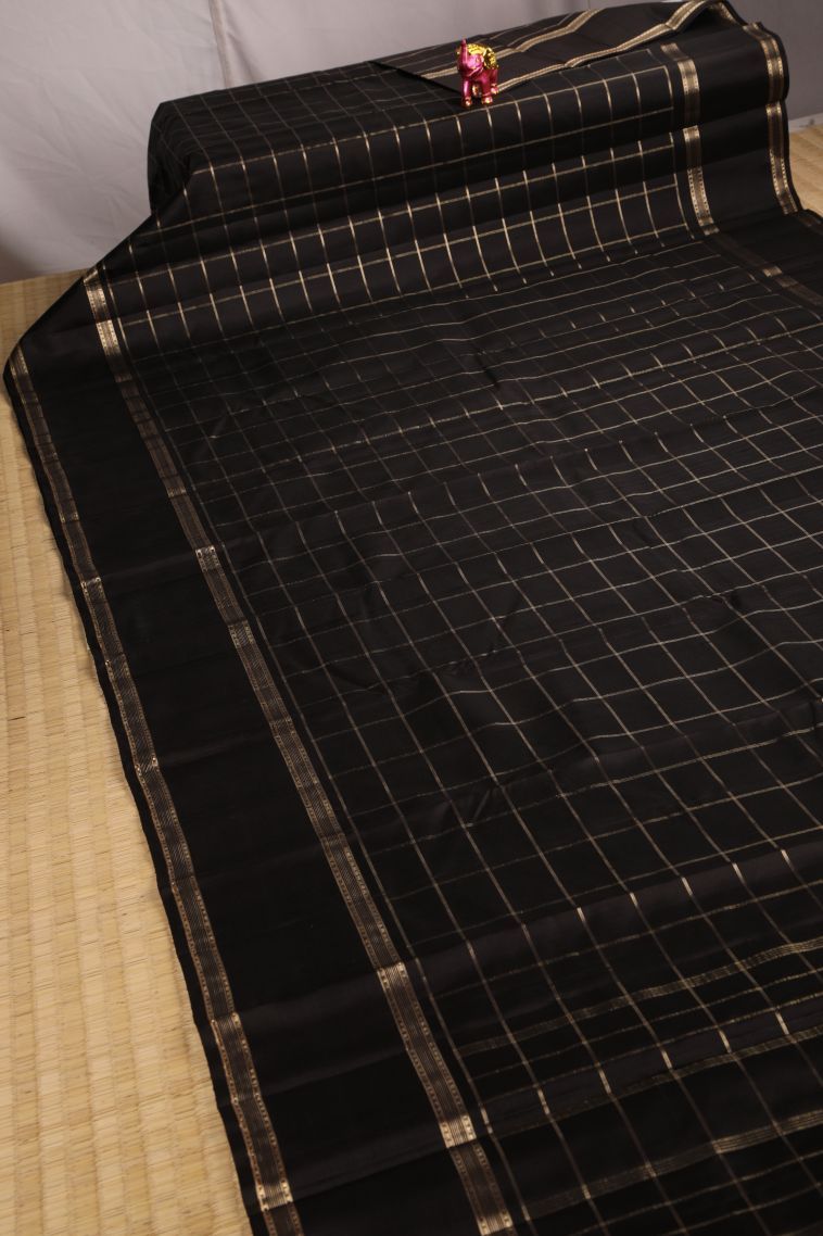 Asphalt Black Kanchipuram Silk Sarees with Gold Zari Checks view 2