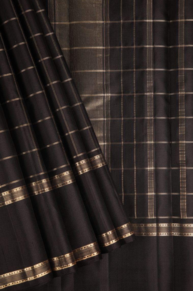 Asphalt Black Kanchipuram Silk Sarees with Gold Zari Checks view 1