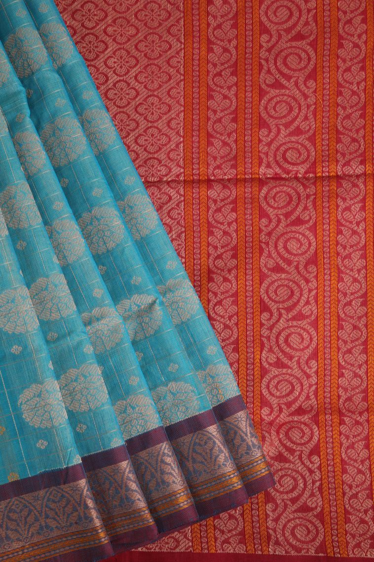 Sky Blue Pure Handloom Kovai Cotton with Without Zari Zari Floral Patterns view 1