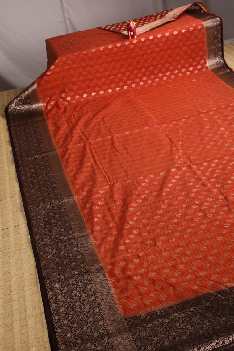 Fire Orange Jute Sarees with Gold Zari Buttis (small Dots Or Motifs) view 2