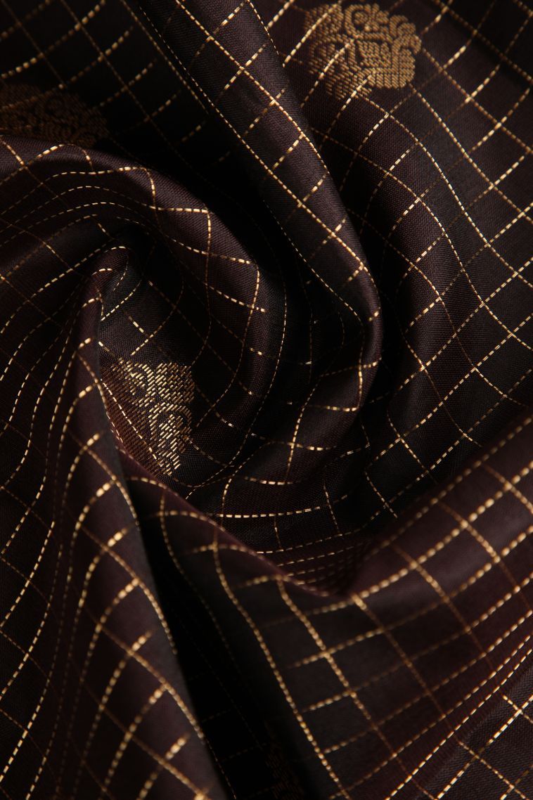 Brunette Brown Soft Silk Saree with Gold Zari Floral Puttas view 4
