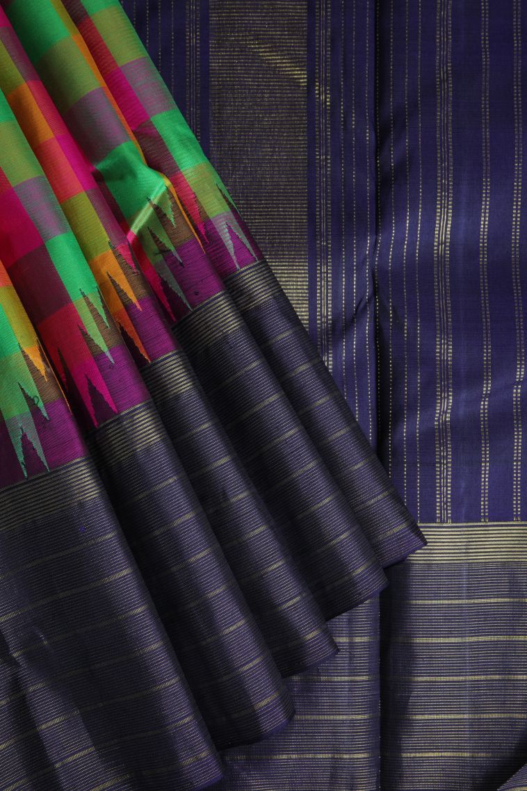 Berry Blue Kanchipuram Silk Sarees with Gold Zari Checks view 1