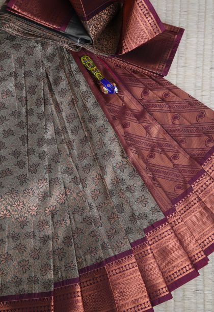 Cinnamon Brown Visiri Madippu Silk Sarees with Copper Zari Floral Patterns