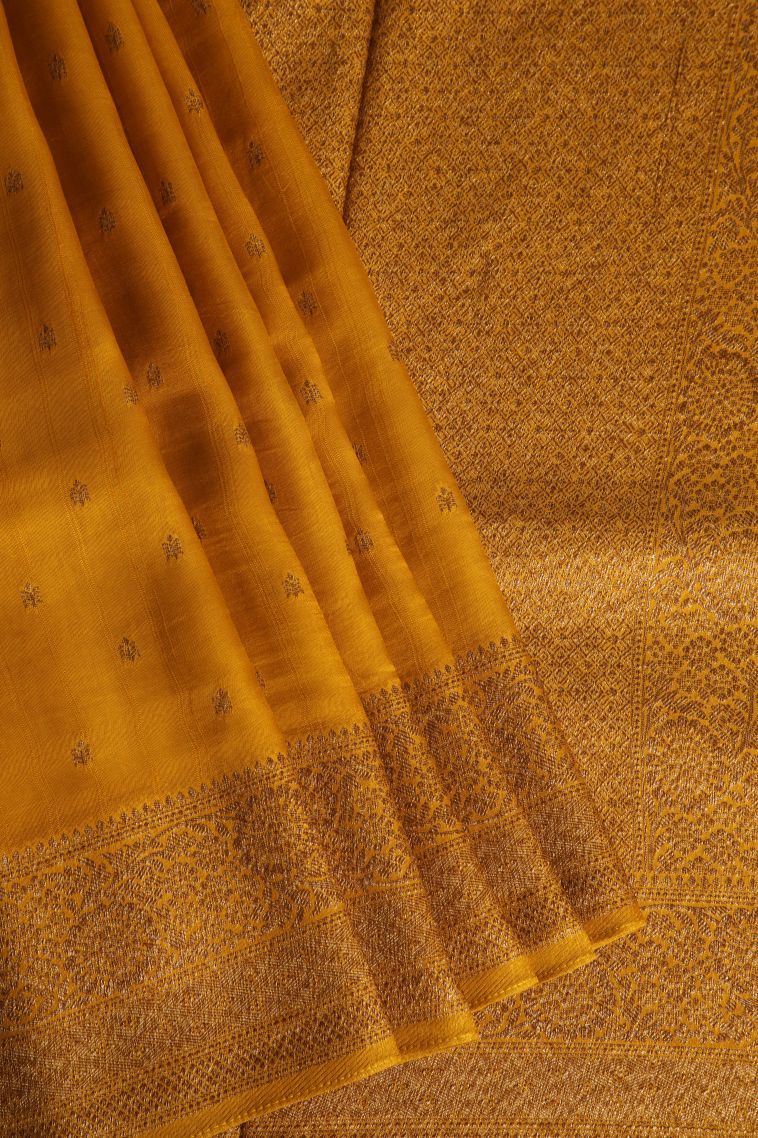 Merigold Orange Banaras Sarees with Gold Zari Buttis (small Dots Or Motifs) view 1