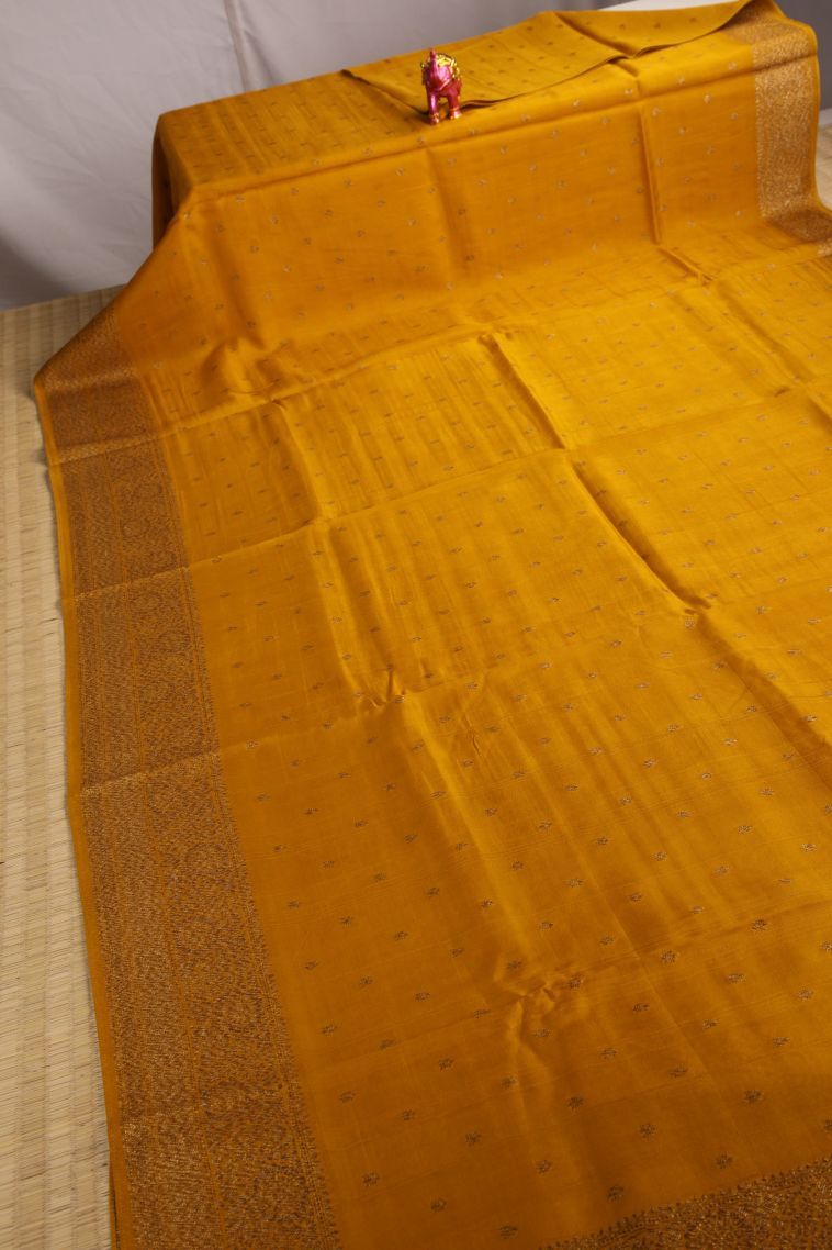 Merigold Orange Banaras Sarees with Gold Zari Buttis (small Dots Or Motifs) view 2
