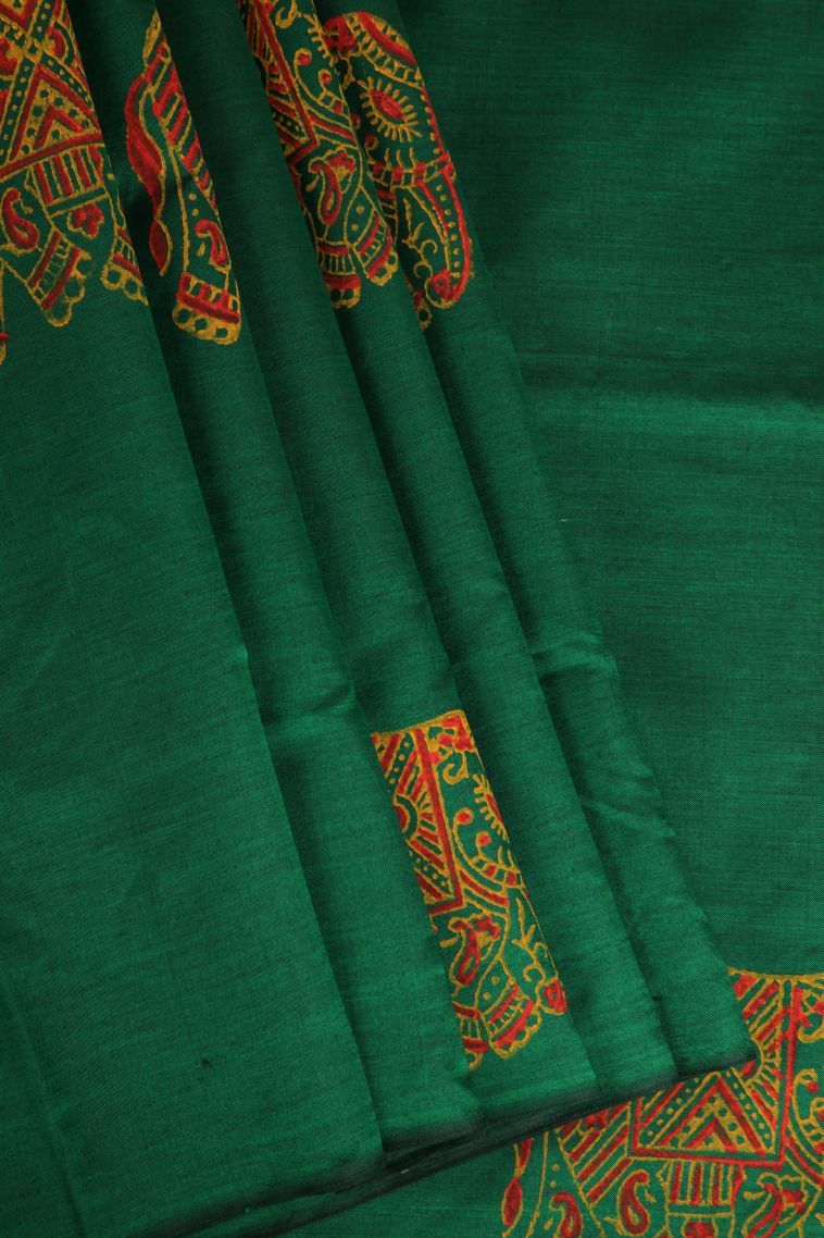 Pine Green Poly Cotton Sarees with Without Zari Zari Eliphant Mottif view 1