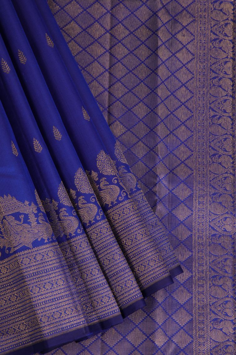 Lapis Blue Kanchipuram Silk Sarees with Gold Zari Floral Patterns view 1