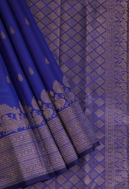 Lapis Blue Kanchipuram Silk Sarees with Gold Zari Floral Patterns