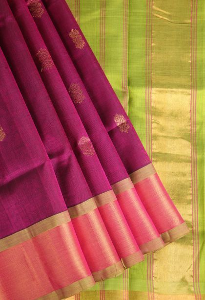 Magenta Purple Silk Cotton with Gold Zari Buttis (small Dots Or Motifs)