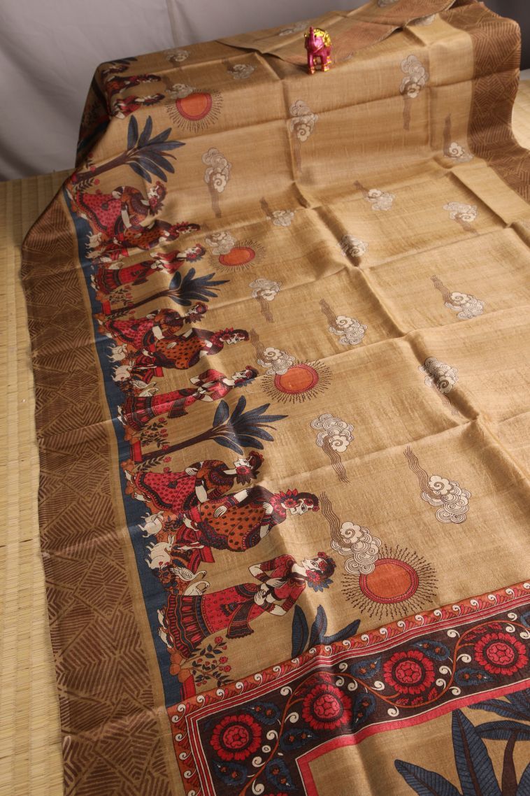 Oat Yellow Tussar Saree with Gold Zari Kalam Kari Pattern view 2