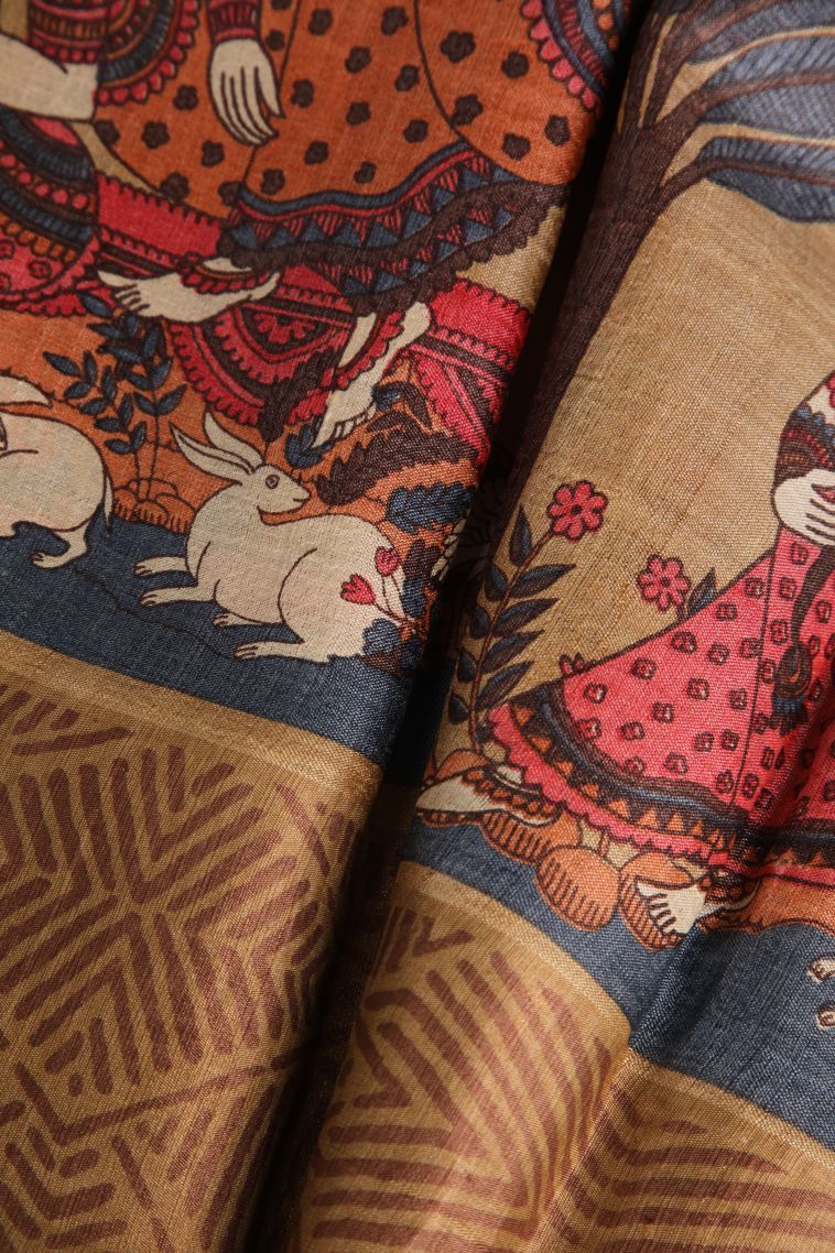 Oat Yellow Tussar Saree with Gold Zari Kalam Kari Pattern view 4