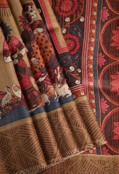 Oat Yellow Tussar Saree with Gold Zari Kalam Kari Pattern