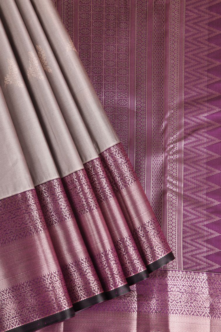 Gray Black Apoorva Silk Sarees with Gold Zari Floral Puttas view 1