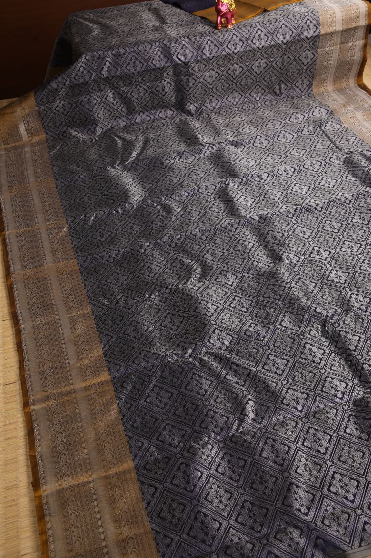 Indigo Blue Soft Silk Saree with Silver Zari Floral Patterns view 2